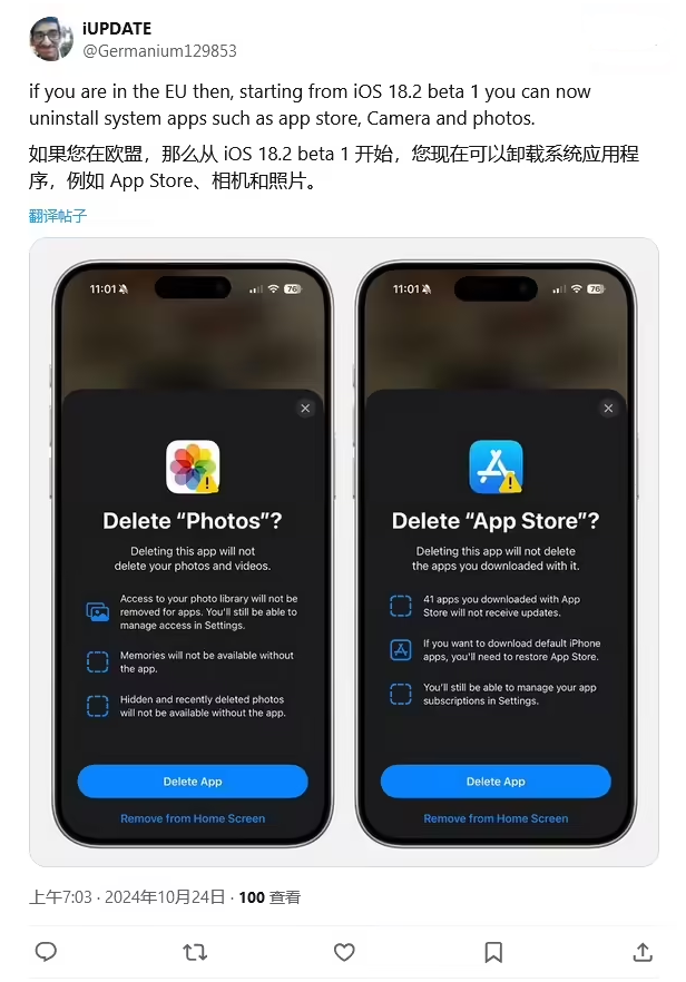 天涯镇苹果手机维修分享iOS 18.2 支持删除 App Store 应用商店 