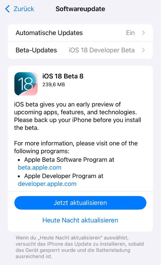 天涯镇苹果手机维修分享苹果 iOS / iPadOS 18 开发者预览版 Beta 8 发布 